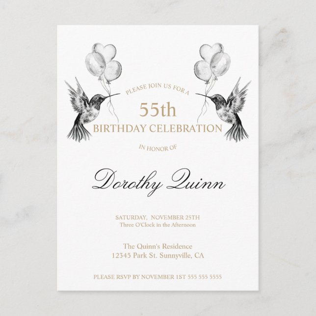 Invitation d'anniversaire avec ballon colibri en a (Devant)