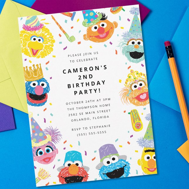 Invitation d'anniversaire avec confettis Rue Sésam (Invitation on table)
