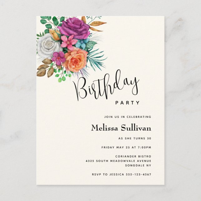 Invitation d'anniversaire avec des roses roses, or (Devant)