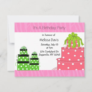 Invitation d'anniversaire avec gâteau et cadeaux à