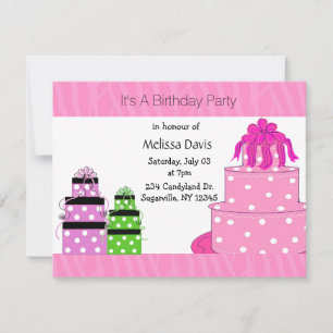 Invitation d'anniversaire avec gâteau et cadeaux à