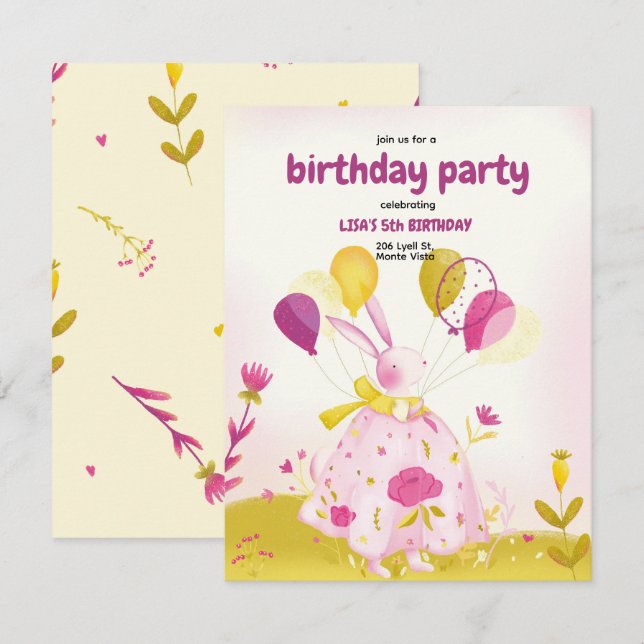 Invitation d'anniversaire avec lapin (Devant / Derrière)