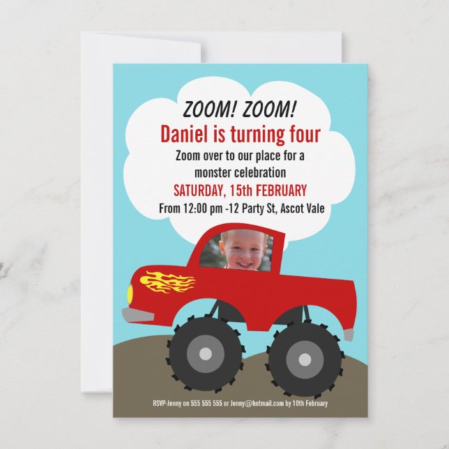 Invitation d'anniversaire avec photo de camion mon (Devant)