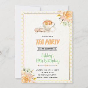 Invitation d'anniversaire avec thé et macaron sous