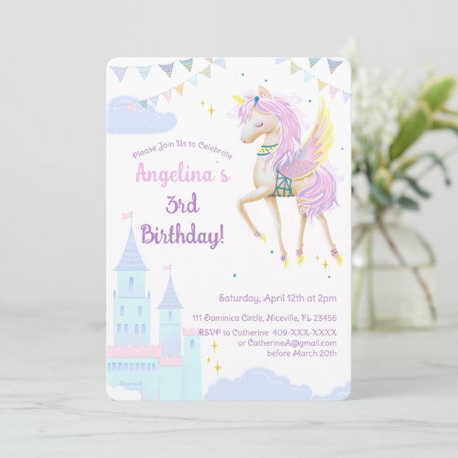 Invitation d'anniversaire avec une adorable licorn (Debout devant)
