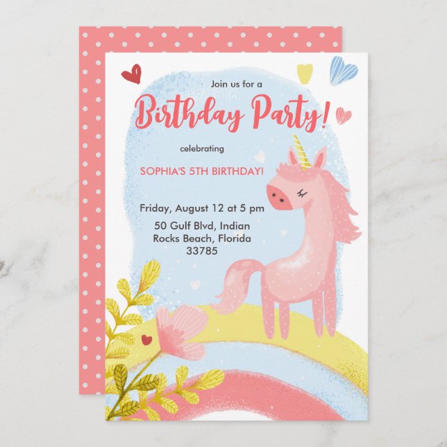 Invitation d'anniversaire avec une licorne rose (Devant / Derrière)