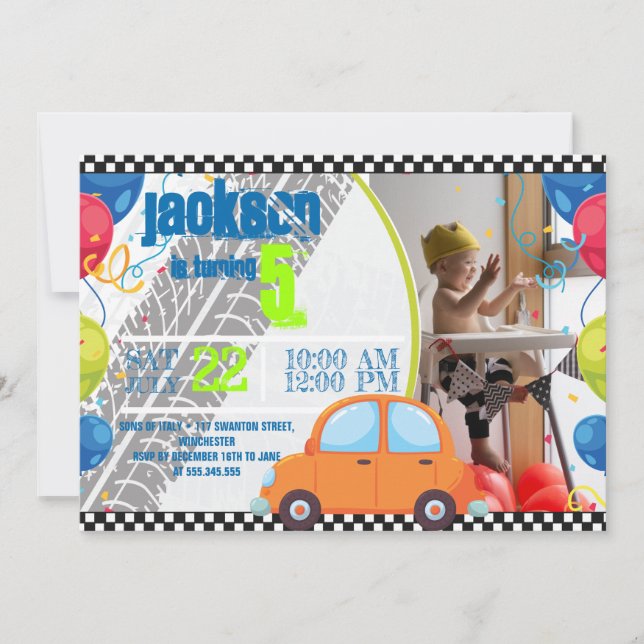 Invitation d'anniversaire avec voitures et pistes (Devant)