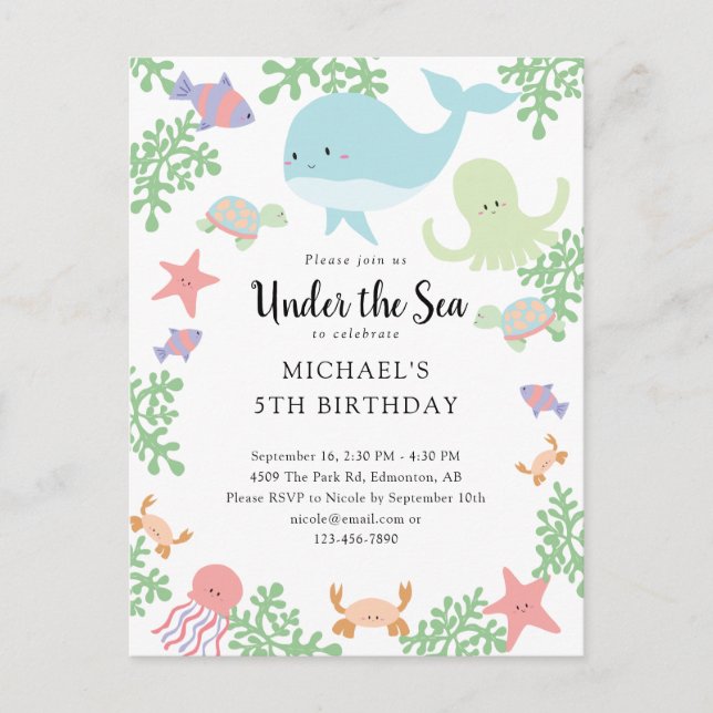 Invitation d'anniversaire baleine océan pastel mig (Devant)