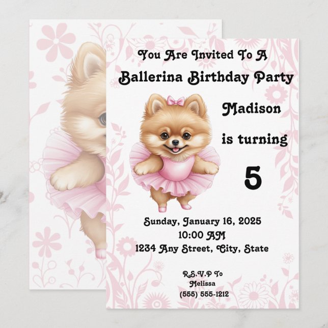 Invitation d'anniversaire Ballerina personnalisabl (Devant / Derrière)