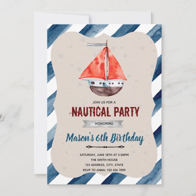 Invitation d'anniversaire bateau nautique (Devant)