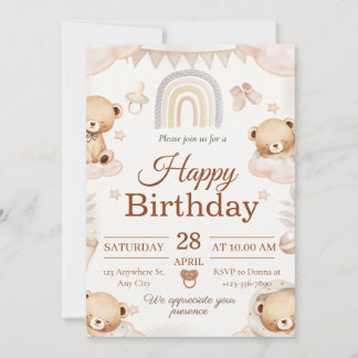 Invitation d'anniversaire bébé ours en peluche
