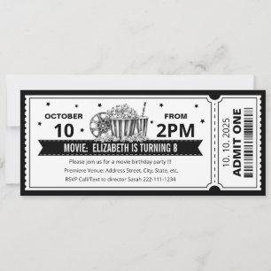 Invitation d'anniversaire billet de cinéma noir et
