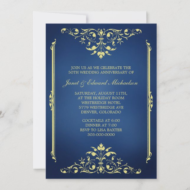 Invitation d'anniversaire bleu et or victorien (Devant)