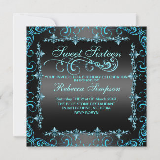 Invitation d'anniversaire Blue/Black Sweet Sixteen