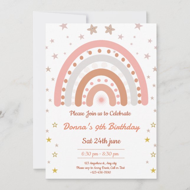 Invitation d'anniversaire Boho Arc-en-ciel (Devant)