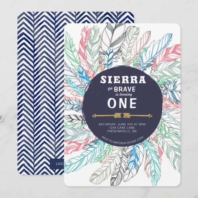 Invitation d'anniversaire Boho Brave Feather (Devant / Derrière)