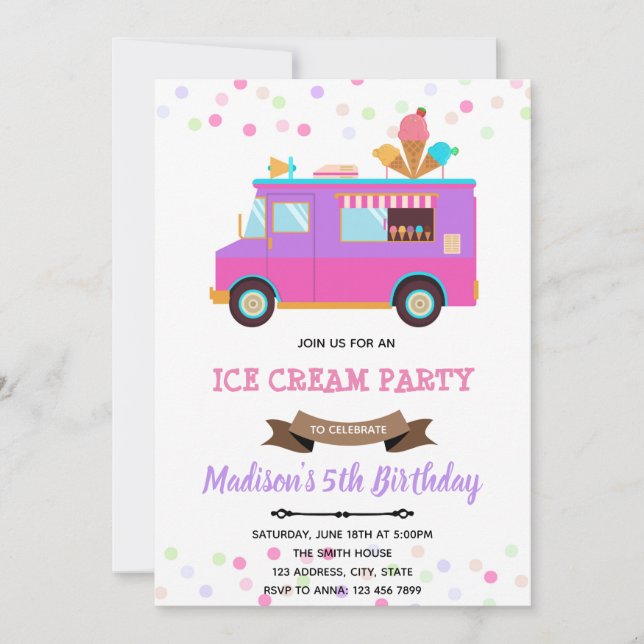 Invitation d'anniversaire camion de glace mignon (Devant)