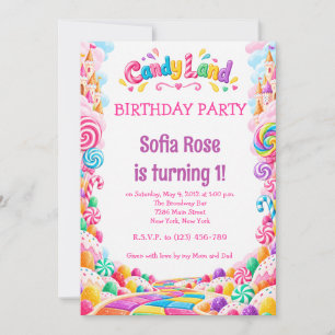 Invitation d'anniversaire Candyland Candy First Bi