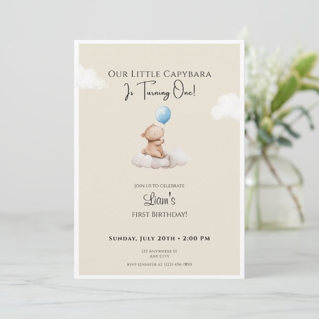 Invitation d'anniversaire Capybara Nuage et Ballon (Debout devant)