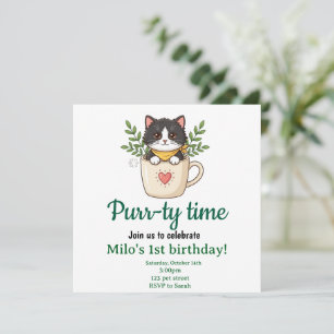 Invitation d'anniversaire carré pour chat mignon -