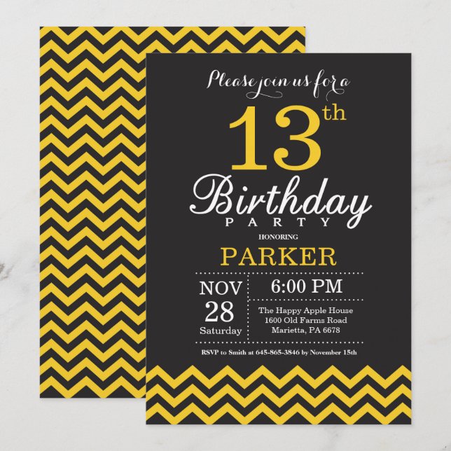 Invitation d'anniversaire Chevron noir et jaune (Devant / Derrière)