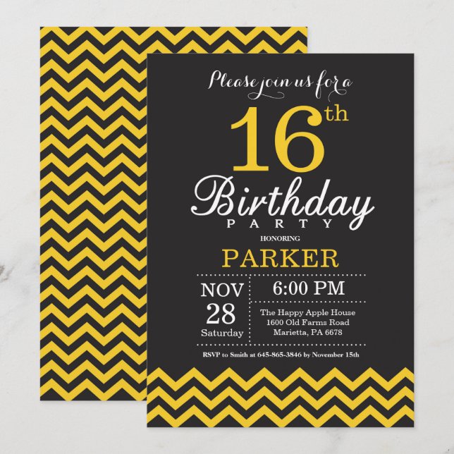 Invitation d'anniversaire Chevron noir et jaune (Devant / Derrière)