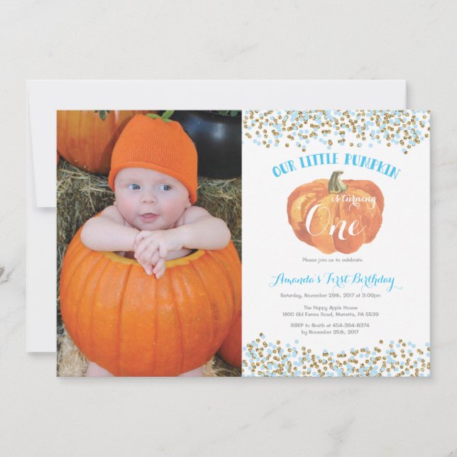 Invitation d'anniversaire citrouille Bleu et or (Devant)