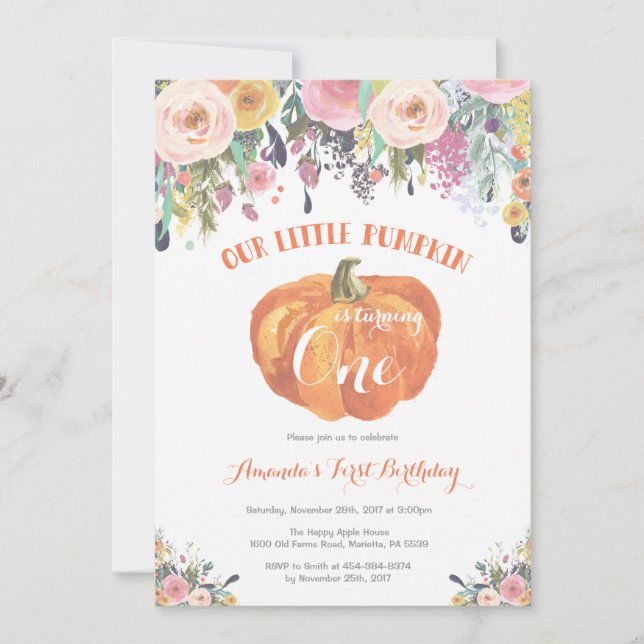 Invitation d'anniversaire citrouille rose Floral (Devant)