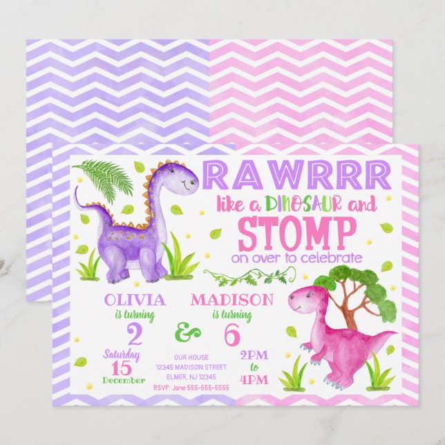 Invitation d'anniversaire conjointe de Dinosaur po (Devant / Derrière)