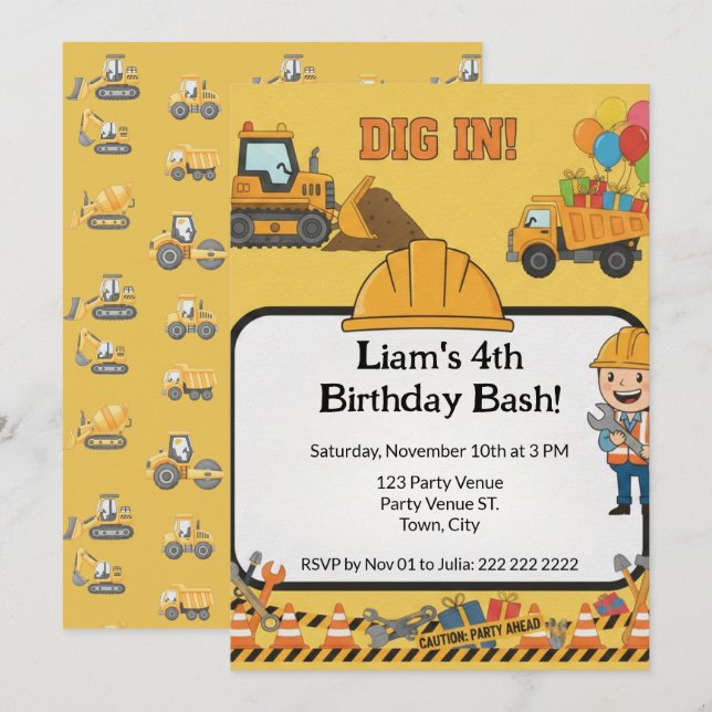Invitation d'anniversaire Construction 4e annivers (Devant / Derrière)