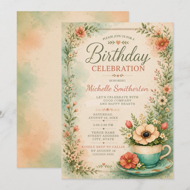 Invitation d'anniversaire Cottagecore Tasse à Thé  (Devant / Derrière)
