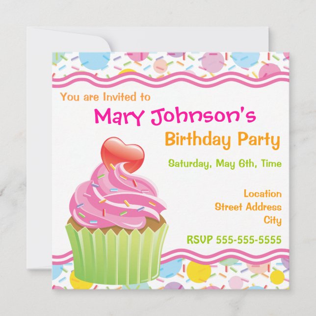 Invitation d'anniversaire Cupcake Rose (Devant)