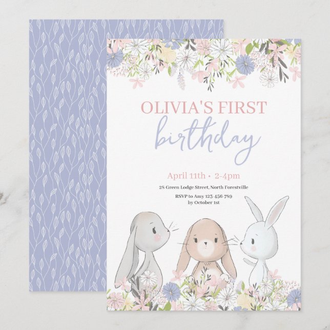 Invitation d'anniversaire Cute Bunnies (Devant / Derrière)