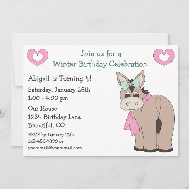 Invitation d'anniversaire d'âne d'hiver pour les f (Devant)