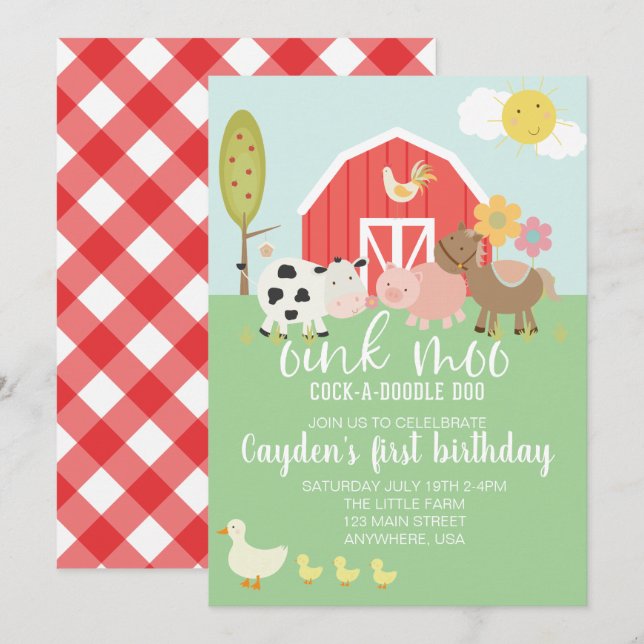 Invitation d'anniversaire d'animal de ferme avec p (Devant / Derrière)