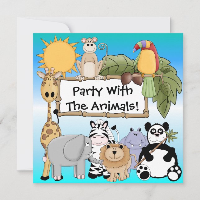 Invitation d'anniversaire d'animaux de zoo de lion (Devant)