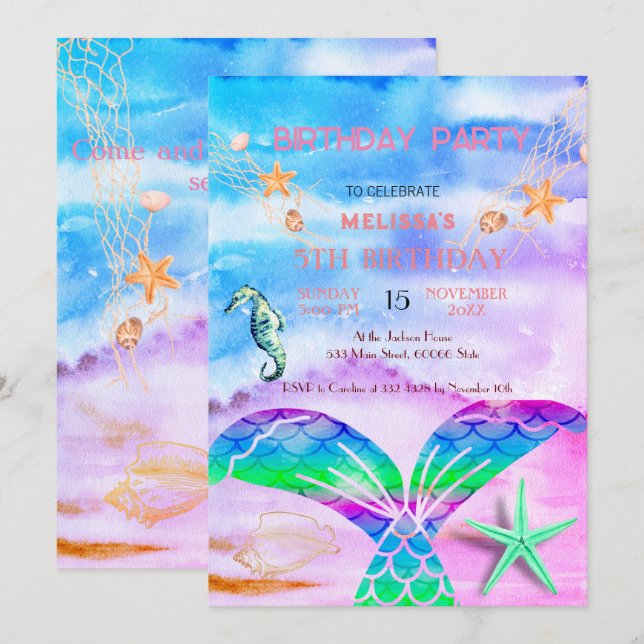Invitation d'anniversaire d'animaux marins à l'aqu (Devant / Derrière)