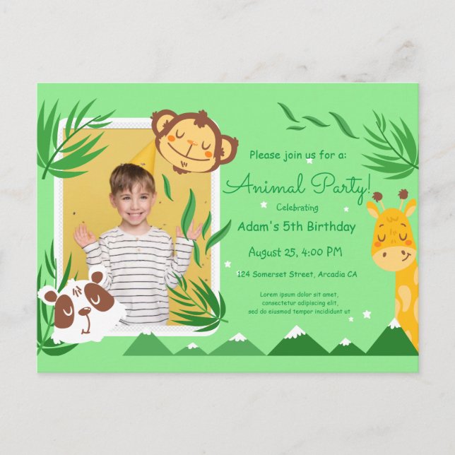 Invitation d'anniversaire d'animaux pour enfants,  (Devant)
