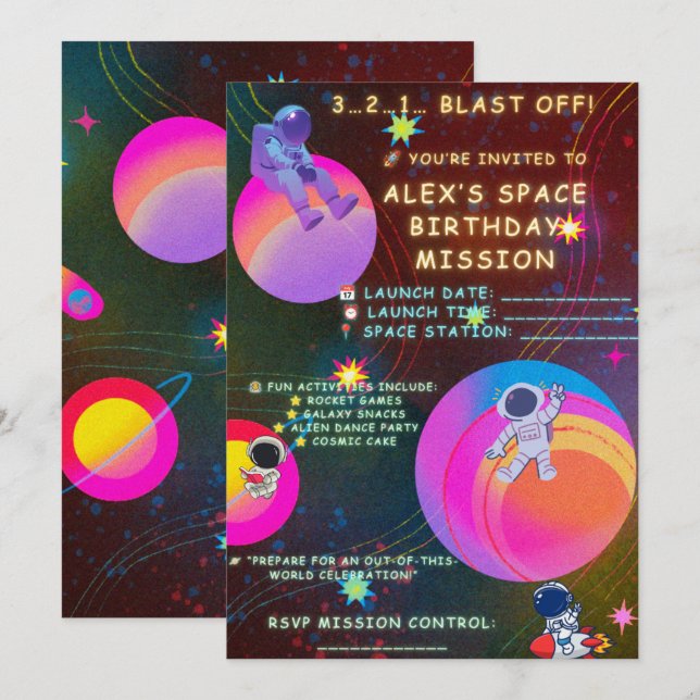 Invitation d'anniversaire dans l'espace – L'astron (Devant / Derrière)