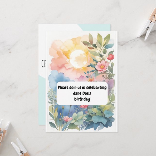 invitation d'anniversaire d'aquarelle (Devant/Arrière en situation)