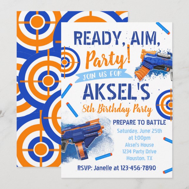 Invitation d'anniversaire Dart Party | Arme à cano (Devant / Derrière)