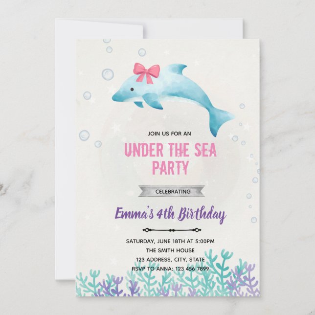 Invitation d'anniversaire dauphin sous la mer (Devant)