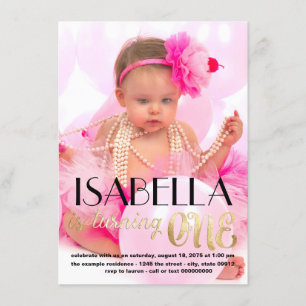 Invitation d'anniversaire de 1 an avec photo en or