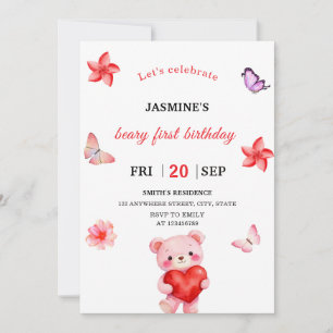 Invitation d'anniversaire de 1 an fille ours en aq