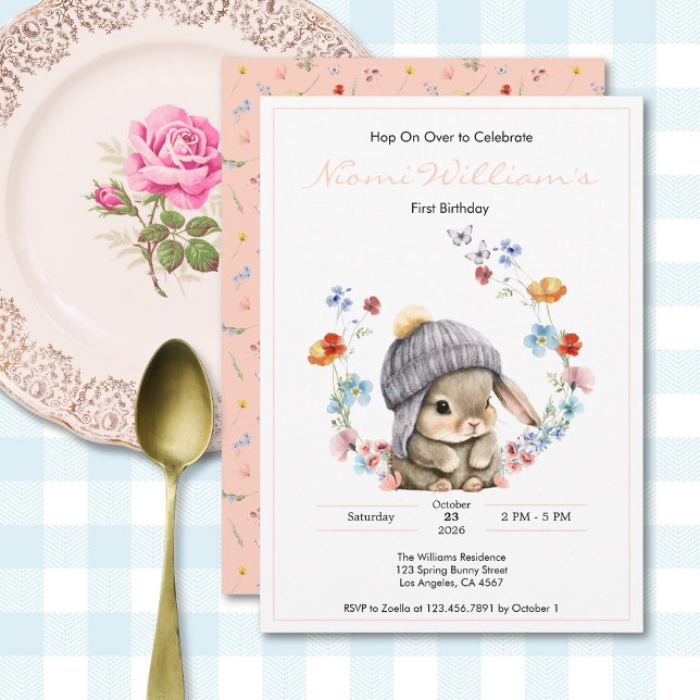 Invitation d'anniversaire de 1 an Lapin Aquarelle  (Cute Watercolor Bunny 1st Birthday Invitation 4)