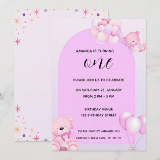 Invitation d'anniversaire de 1 an Ourson Rose Viol