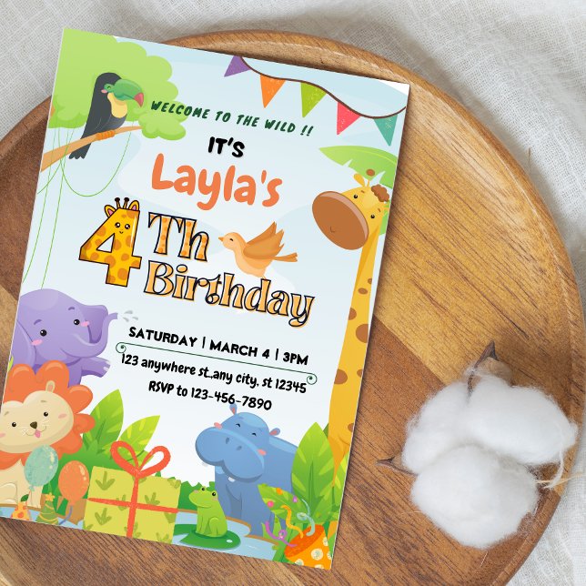 Invitation d'anniversaire de 4 ans sur le thème de (Cute Safari Themed 4th Birthday Invitation for Kids)