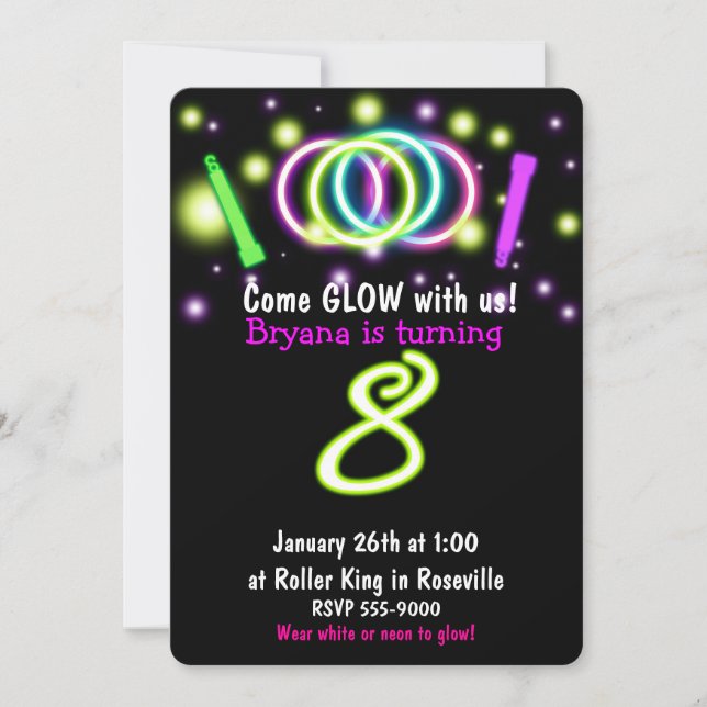 Invitation d'anniversaire de 8 ans GLOW Lights Age (Devant)