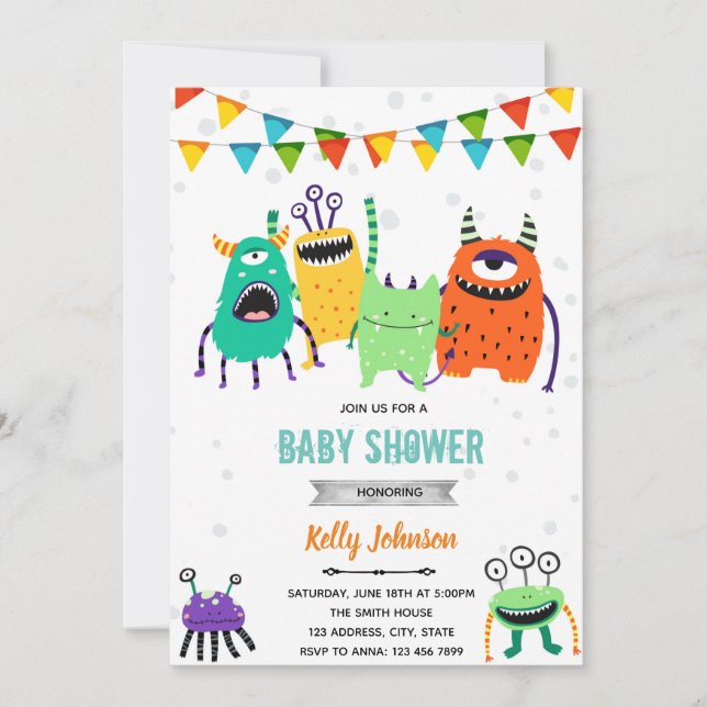 Invitation d'anniversaire de baby shower Monster (Devant)