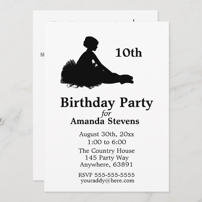Invitation d'anniversaire de Ballerina (Devant / Derrière)
